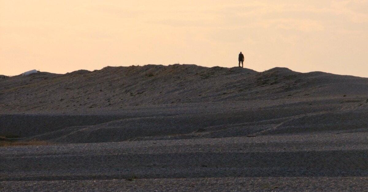 A person looks along a ridge in evening light
