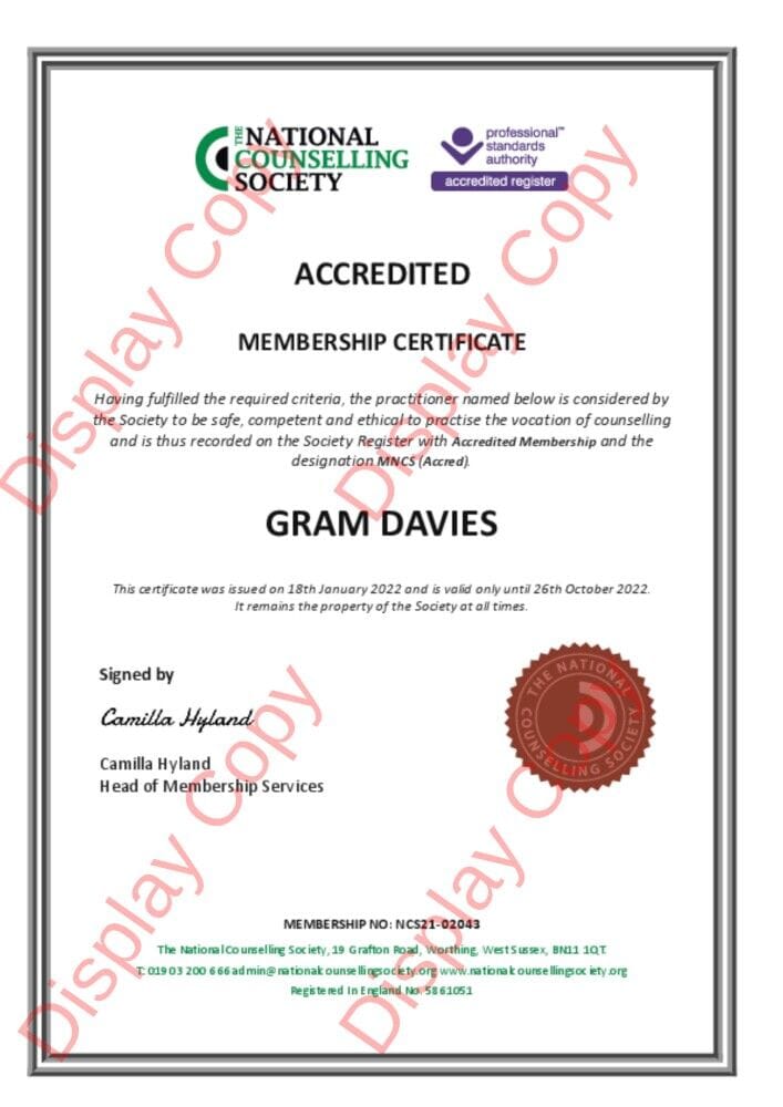NCS Accred Memership Registration - Gram Davies - Counsellor and psychotherapist