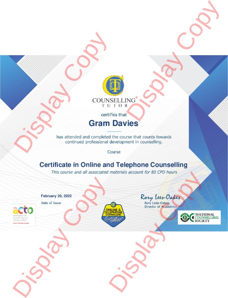 Online (Video and Email) and Telephone Counselling - Gram Davies - Counsellor and psychotherapist